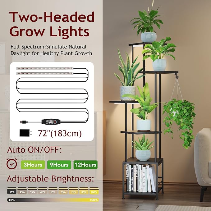Homsorout Plant Stand Indoor with Grow Light - 6-Tier Metal Plant Shelf with Hanging Basket Hook, Corner Tall Flower Holder for Multiple Plants, Living Room Balcony Garden Patio, Black