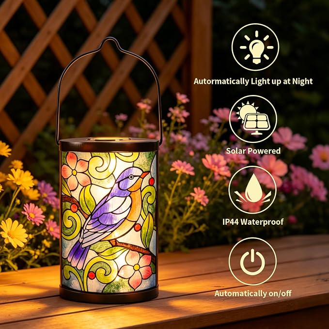 Solar Lantern Outdoor Waterproof Hanging Solar Lights Bluebird Glass Decorative Lanterns for Outdoor Patio Lawn Outside Yard Garden Decor