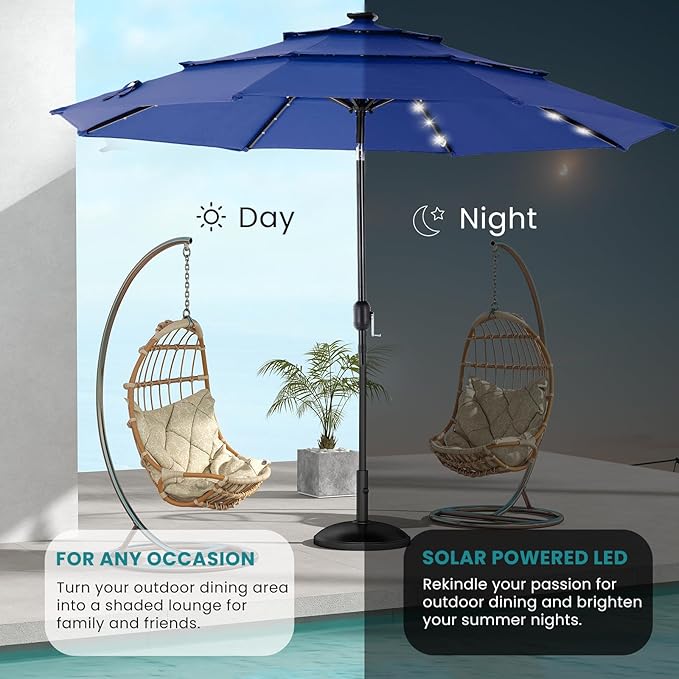 DUMOS Outdoor Solar Patio Umbrella 3 Tiers with 32 LED Lights, Beach Market Table Umbrella with Crank and 8 Sturdy Ribs for Pool, Terrace, Restaurant