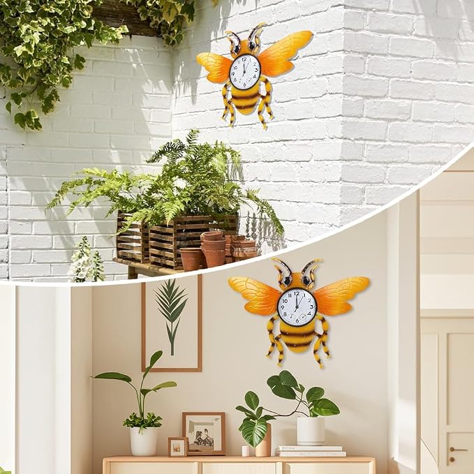 Unique Outdoor Clock Silent None-Ticking, Outdoor Wall Clock with Thermometer & Humidity, Waterproof Outside Clock for Patio, Living Room, Kitchen (Yellow Bee)