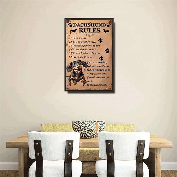 Metal Sign Tin Sign Vintage Wall Art Dachshund Rules Bar Sign for Club 8×12 Inches with Metal Frame