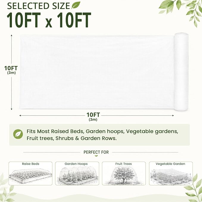 10Ft x 10Ft Garden Netting, Fine Mesh Insect Netting for Plant Protection, Mosquito Bug Bird Barrier Mesh Cover for Vegetables Fruits Flowers Raised Beds