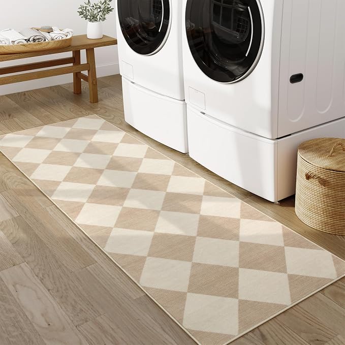 Beeiva Checkered Print Carpet Runners for Hallway 6ft, Beige Ultra Thin Washable Kitchen Runner Rug Non Slip, Moroccan Plaid Checkerboard Decor Faux Wool 2x6 Rug for Bedroom Bathroom Entryway