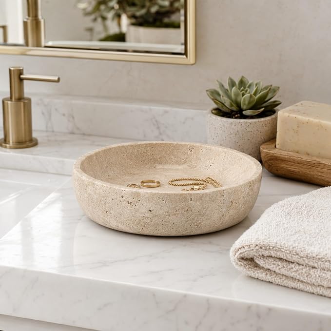 Natural Travertine Decorative Bowl 7.8", Travertine Bowl & Natural Stone Centerpiece for Coffee Table Decor, Ring Tray, For Entryway, Kitchen Fruit Bowl, Potpourri, Dining Table Centerpiece.