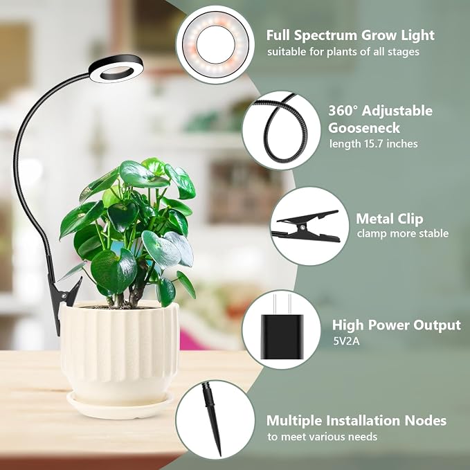 Plant Lights for Indoor Growing, 144 LED Full Spectrum Grow Light with Clip 3 Pack, Black Halo Indoor Plant Light 2 Installation Options with 6/12/16H Timer, 5 Dimmable, 3 Modes