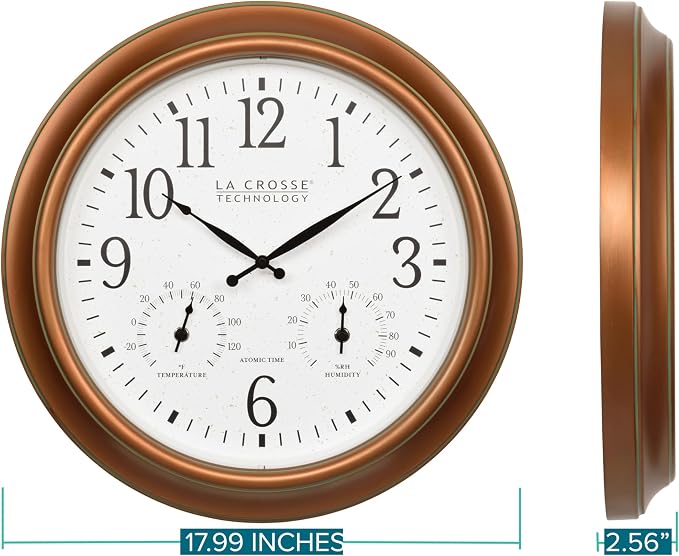 La Crosse Technology 404-59907-INT 18-inch Indoor/Outdoor Classic Antique Copper Atomic Analog Wall Clock