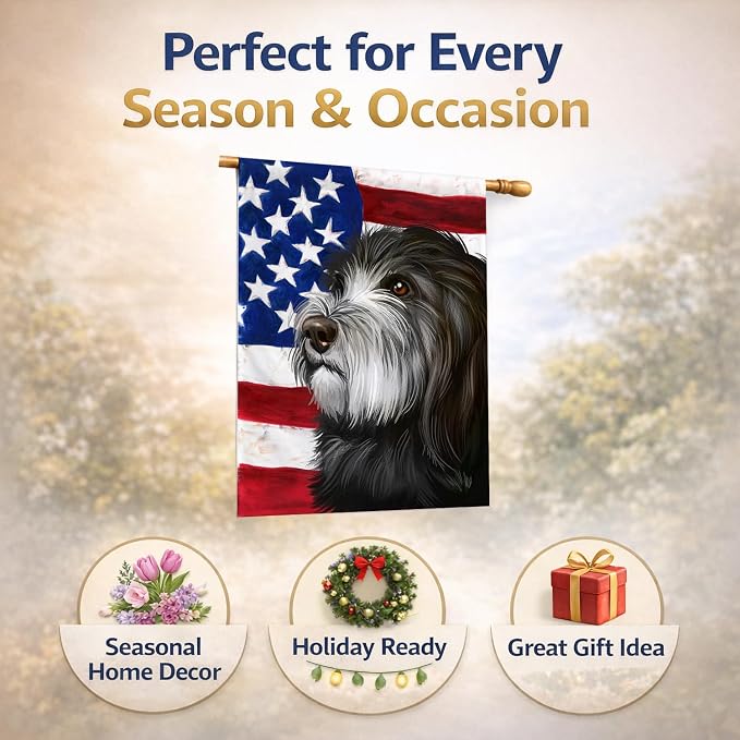 Caroline's Treasures CK6480CHF Catalan Sheepdog Dog American Flag House Flag Large Porch Sleeve Pole Decorative Outside Yard Banner Artwork Wall Hanging, Polyester, House Size, Multicolor