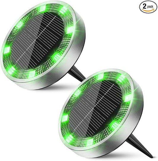 Peasur Mini Solar Ground Lights Outdoor, 2 Pack Flat Solar Powered Disc Lights, IP68 Waterproof, Anti-Rust, Landscape Lighting for Pathway Garden Yard Lawn Walkway Landscape Driveway, Green