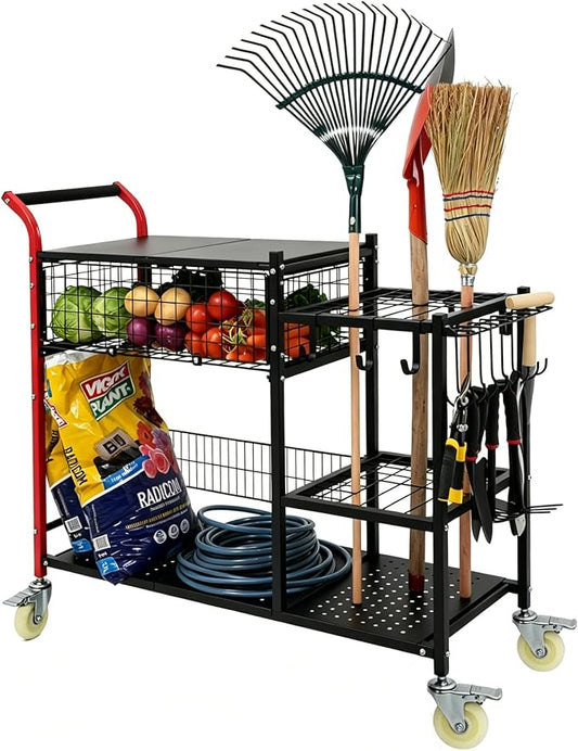 Anleolife 3-in-1 Garden Cart: Workstation, Harvest Basket & Tool Rack | 4IN swivel casters with brakes. Rust-resistant steel. Ideal for potting, transplanting, harvesting & tool storage