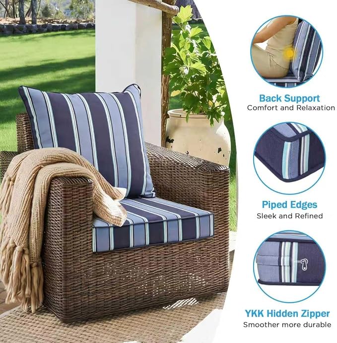 Outdoor Deep Seat & Back Cushion Set (2-Pack), 24 x 24 Inch Water Repellent and Fade Resistant Patio Furniture with Removable Cover for Outside Sofa Couch, Navy Blue Stripe