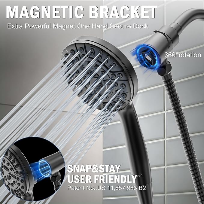 BESAQUO Shower Head, 9 Settings High Pressure shower head with handheld, Built-in Pause Mode & Power Wash, Non-Clogging Nozzles, 6ft Hose,Bracket(Matte Black, Magnetic 9 Settings)