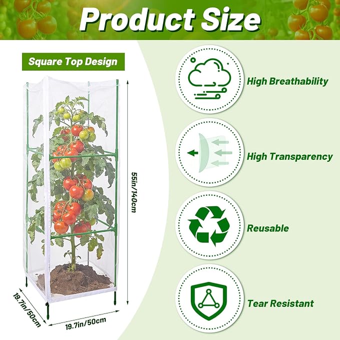 3 Pcs Garden Bird Netting Plant Cover for Square Tomato Cage, 55"×19.7" Garden Bird Tomato Cage Covers with Zipper & Drawstring for Vertical Climbing Plants, Vegetable and Flowers (No Cage)