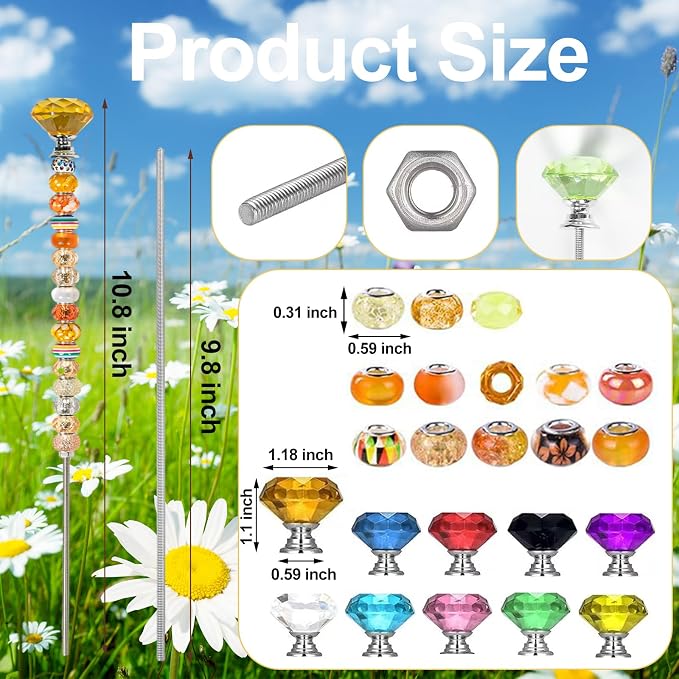 230pcs Beaded Garden Stakes Kit Fairy Garden Stakes Includes 10 Colorful Crystal Top 200 Round Colorful Bead 10 Stainless Steel Threaded Rods and Nuts for Outdoor Decoration(Diamond Style)