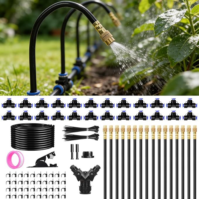 100FT 1/4" Drip Irrigation System, 2026 Upgrade Garden Irrigation Kit with 24pcs 360° Adjustable Copper Nozzles, DIY Watering System for Raised Beds, Yard, Lawn, Vegetable Gardens (100 ft)