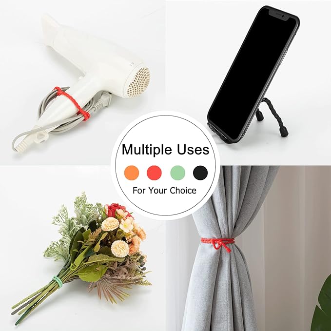 10 PCS Silicone Cable Ties - Reusable Rubber Twist Ties Bendable Steel-Core Cable Ties for Bundling and Holding, All Purpose Cord Tie for Indoor and Outdoor (4"+12")