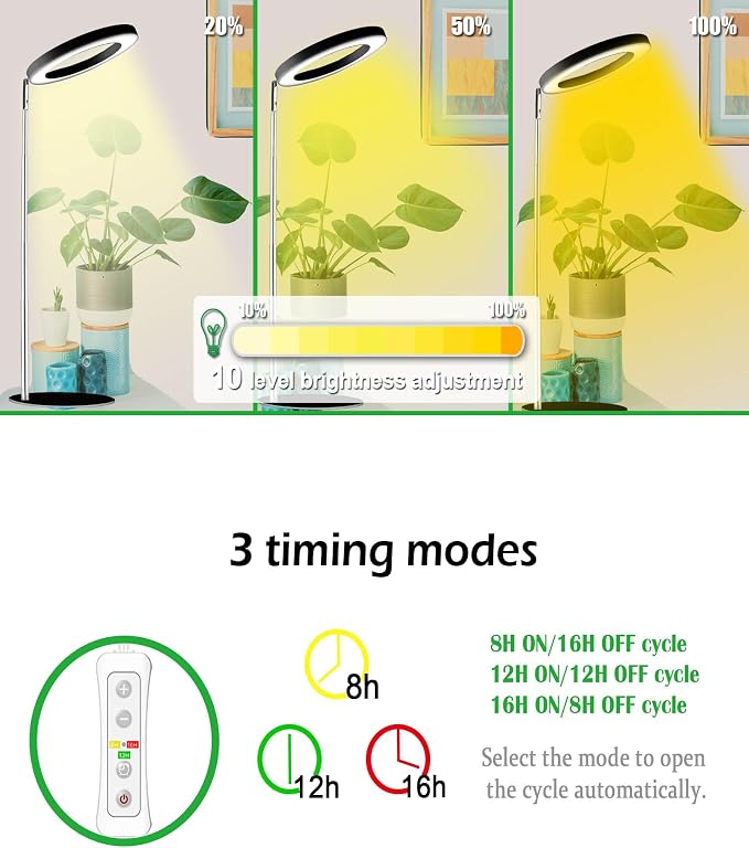 Yadoker 72 LEDs Full Spectrum Plant Grow Light with Base for Indoor Plants，Height Adjustable, 6.3" Aluminum Housing,Automatic Timer with 8/12/16 Hours,10-Level Brightness,Black Plant Light,1 Pack