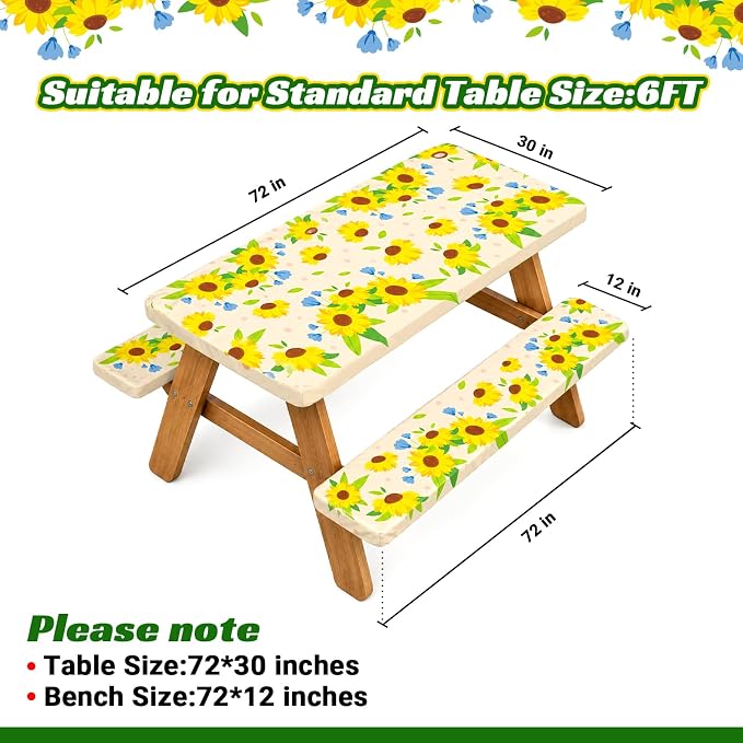 NUOLAN 6FT Picnic Table Cover with Bench Covers, Sunflower Print Windproof Waterproof Fitted Picnic Table with Elastic for Picnic, Camping, Outdoor