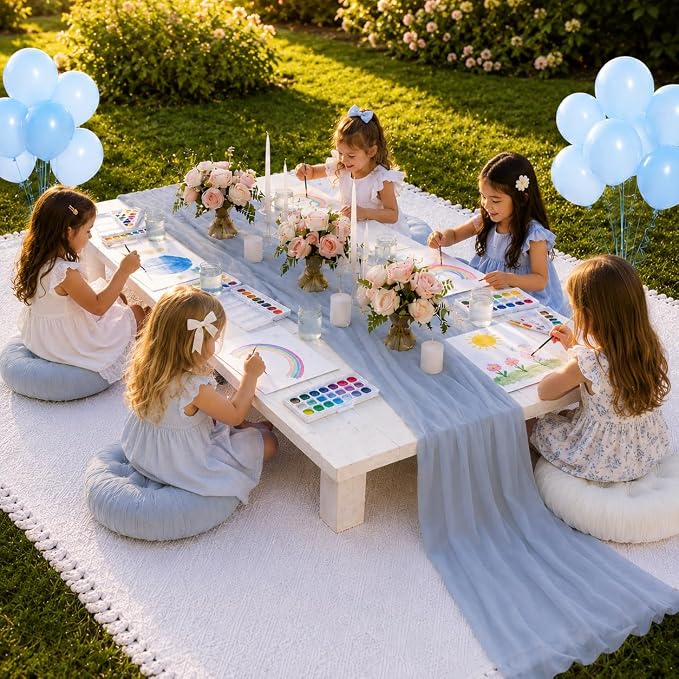 Cinrobiye Boho Picnic Party Set for Outdoor, Aesthetic Picnic Setup with Large Picnic Blanket, Floor Cushions, Table Runner, Napkins, Balloons for Wedding, Bridal Shower, Birthday (Blue)