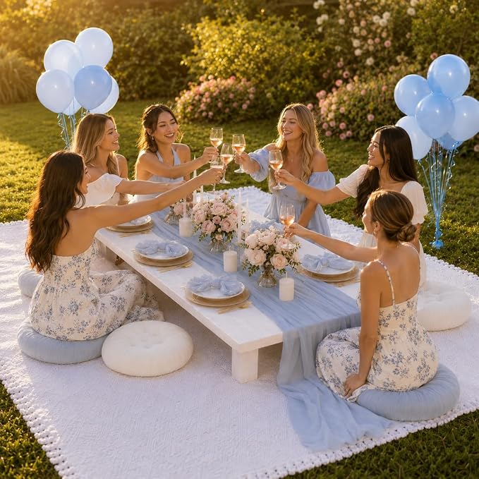 Cinrobiye Boho Picnic Party Set for Outdoor, Aesthetic Picnic Setup with Large Picnic Blanket, Floor Cushions, Table Runner, Napkins, Balloons for Wedding, Bridal Shower, Birthday (Blue)