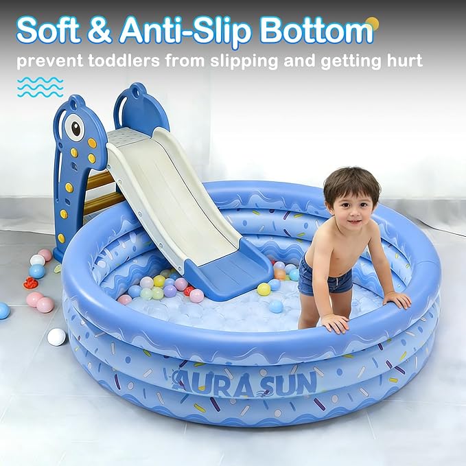 Inflatable Baby Pool Small Kiddie Swimming Pool, 3 Rings Round Pad Pool for Kids & Toddler, 48"X12" Portable Indoor Ball Pit Toys, Outdoor Water Play for Girl/Boy (Blue)