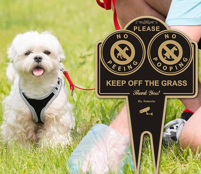 Amexiu No Dog Pooping Peeing Sign, Keep Dog off Grass Yard Lawn Sign, Double Sided 15 x 9.5 X 0.08 Inches Rust Free, Easy Mounting Durable Ink Black Gold Color, 2 Pack