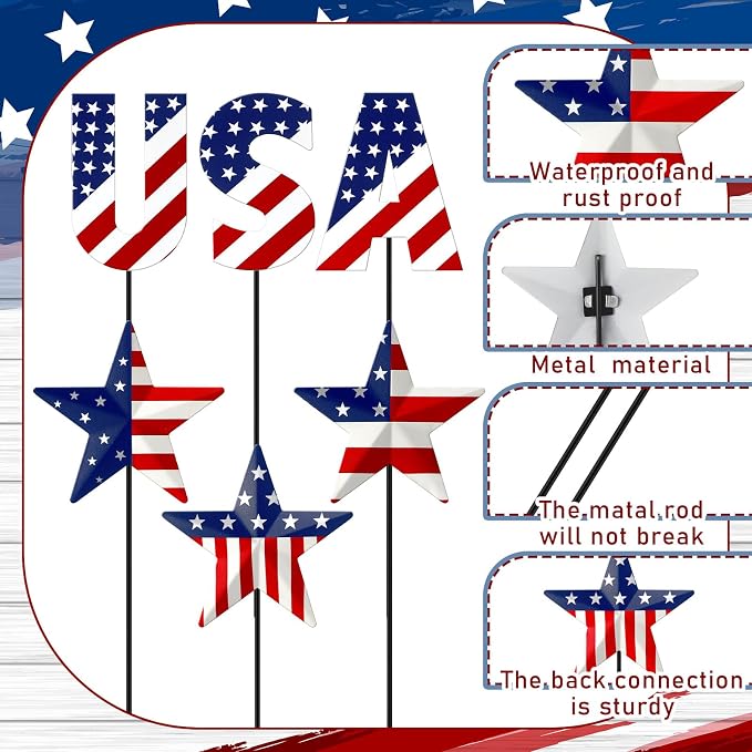 Pickmesh 6 Pcs 12" H Patriotic Outdoor Decor Metal Yard Sign 4th of July Outdoor Decor Red White Blue 250th Anniversary Star USA Flag Garden Stake American Yard Sign for Independence Day Decoration