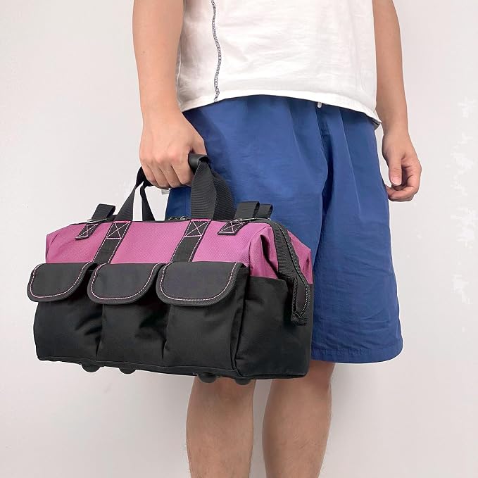 16-inch for women purple tool box Non-slip feet adjustable shoulder strap 14 functional insert pockets,large capacity Men's heavy-duty toolbox,for electricians, carpentry,gardening (Pink)