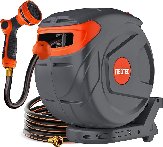 Retractable Garden Water Hose 82ft 1/2 inch, Wall Mounted Hose Reel with Automatic Rewind System, Any-Length Lock & Spray Nozzle for Efficient Yard Work
