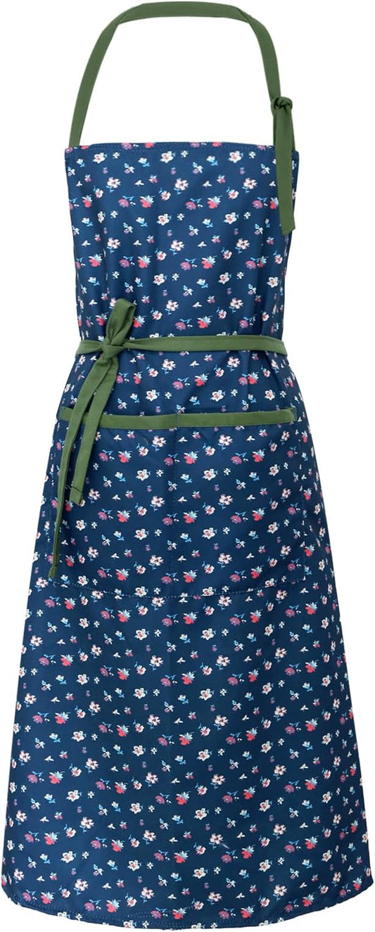 Women's Vintage Floral Kitchen Apron for Cooking & Gardening | Adjustable Neck Straps & Large Pockets, Cute Pinafore for Baking Tea Time, Practical Hostess Gift(Navy2)