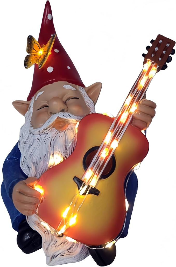 Funny Garden Gnome Statue Solar Hippie Gnomes Decorations Figurine Yard Ornament Gnome Playing Lighted Guitar LED Lawn Patio Porch Decor for Outdoor House Housewarming Gifts for Women