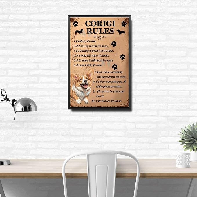 Metal Sign Tin Sign Vintage Wall Art Corigi Rules Wall Art for Restaurant 12×16 Inches with Metal Frame