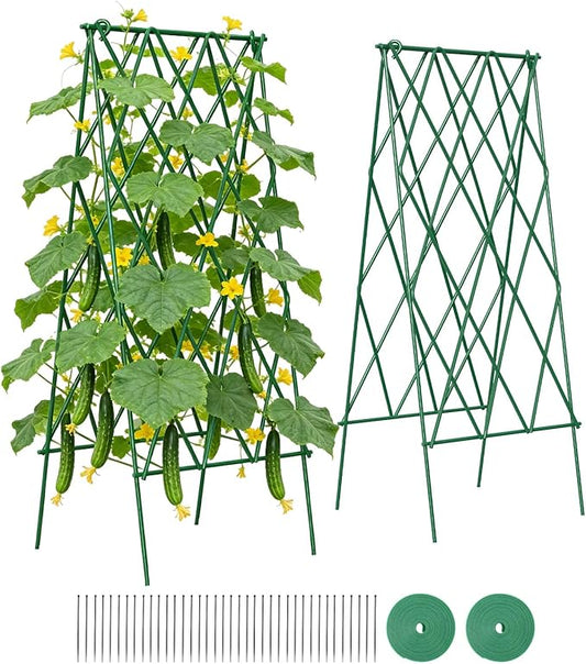 Suteck Cucumber Trellis 39.2" 2 Pack A-Frame – Foldable Metal Garden Trellis for Cucumbers, Peas, Beans & Climbing Plants, No Assembly Required Plant Support, Ideal for Raised Beds, Patios & Backyards