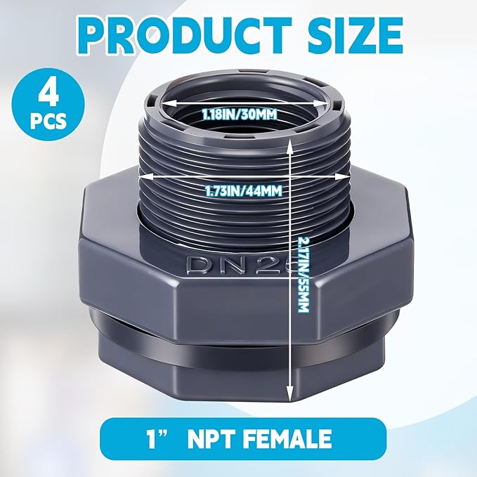 4 Pcs 1 Inch Bulkhead Fitting PVC Water Tank Connector Plumbing Pipe Threaded Bulkhead Fitting NPT for Rain Barrels, Water Tanks, Aquariums, Tubs, Pools