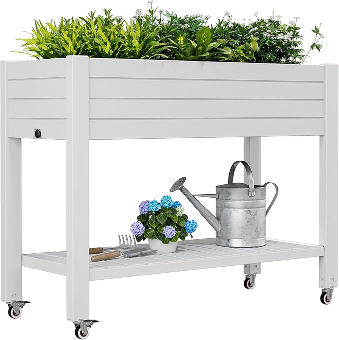 Elevate 33.7" Tall Raised Garden Bed with Wheels, Divisible Resin Planter Box with Drainage Gauge & Storage Shelf, Herb Planter for Garden Patio Backyard, Ashen (33.7" h)