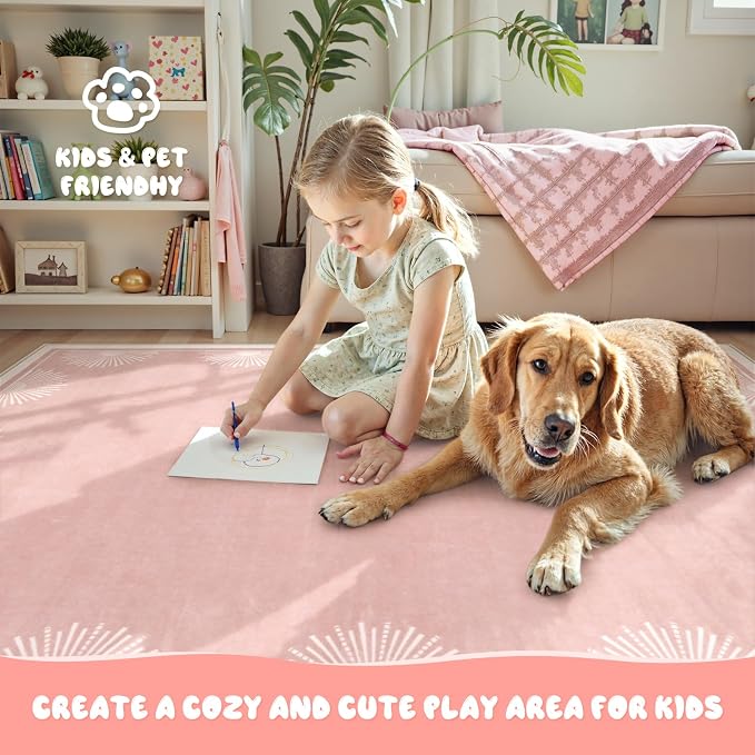 Hedlive Modern 5x7 Pink Area Rugs for Bedroom Girls, Ultra Thin Washable Nursery Rug for Kids Room, Soft Sun Print Toddler Room Rug,Boho Non Shedding Baby Carpets for Classroom Dorm Girls Decor