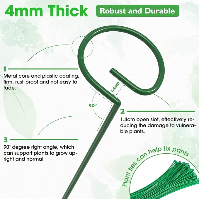 Unves 16" Tall Plant Support Stakes, 12 Pack Garden Flower Plant Stakes Single Stem, Garden Plant Support Cages Rings for Amaryllis Orchid Peony Rose, with 100 Pcs Twist Ties
