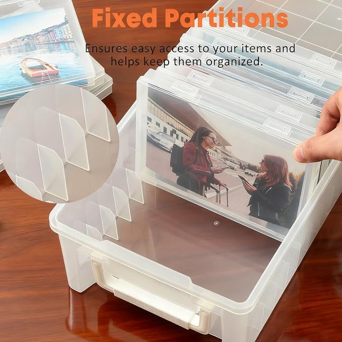 NINU Photo Storage Box 5 x 7 In Photo Case, 10 Inner Large Photo Keeper, Clear Photo Storage Container, Seed Craft Cards Pictures Organizer, Plastic Office Organizer with 1 Label Sticker