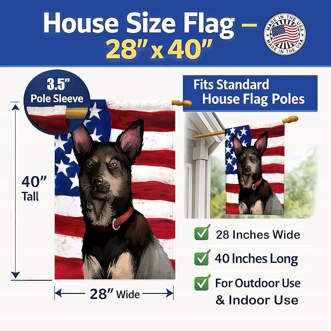 Caroline's Treasures CK6411CHF Australian Kelpie American Flag House Flag Large Porch Sleeve Pole Decorative Outside Yard Banner Artwork Wall Hanging, Polyester, House Size, Multicolor