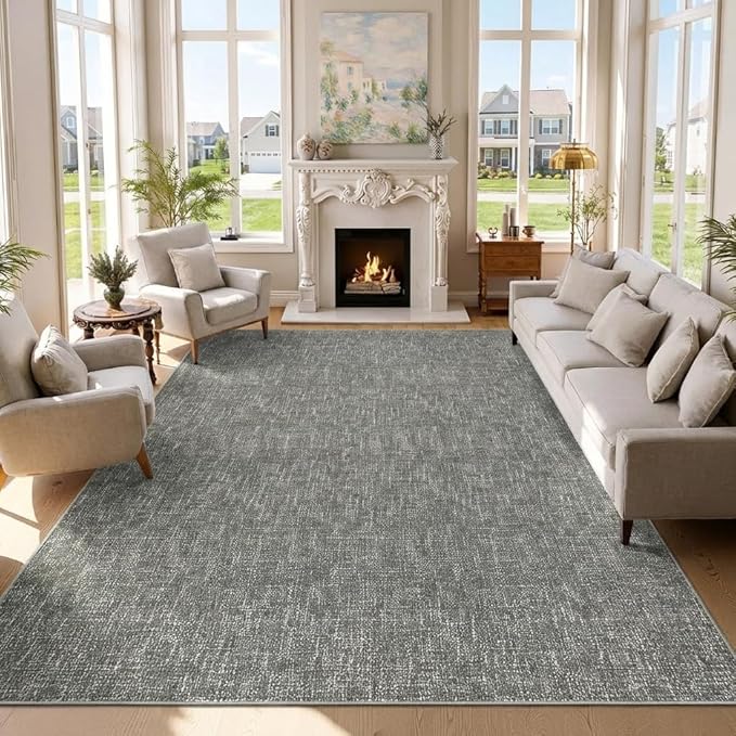 Garvee Washable Rug 9x12 Modern Solid Color Area Rugs for Living Room,Grey | Non Slip Non Shedding Neutral Textured Stain Resistant Low Pile Minimalist Rug for Dining Room Nursery Bedroom