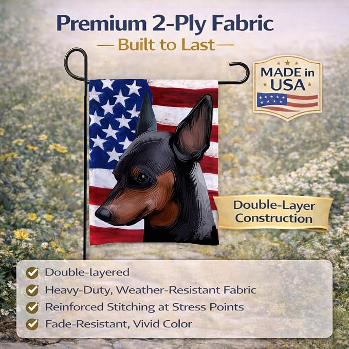 Caroline's Treasures CK6618GF Miniature Pinscher Dog American Flag Garden Flag Mailbox Flag Decorative Yard Flag Banner Outside Patio Artwork Yard Flower Beds, Garden Size, Multicolor