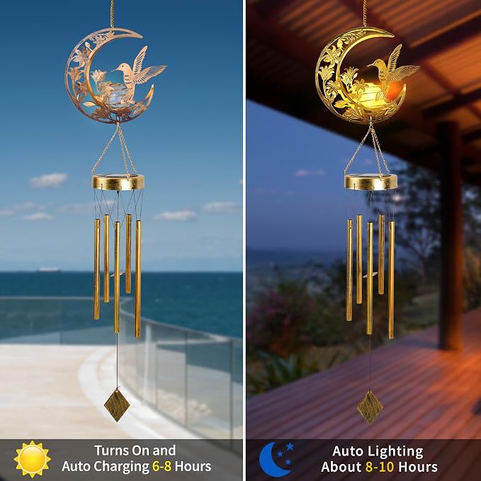 Hummningbird Solar Outdoor Wind Chimes - Unique Moon Hummingbird Design, for Mothers, Grandmothers, Sisters, Friends and Girls on Birthdays, Christmas, Thanksgiving and Mother's Day