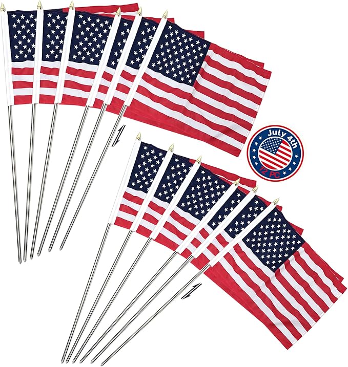 12 Pack Small American Flags on Stick, 12x18 Inch Mini Handheld USA Flag with Telescopic Stainless Steel Flag Pole, 4th of July US 250th Anniversary Decorations, Memorial Day Outdoor Decor