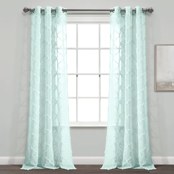 Lush Decor Avon Trellis Grommet Sheer Window Curtain Panels Pair 38" W x 84" L Blue - Sheer Curtains for Living Room - Modern Farmhouse Bedroom Curtains