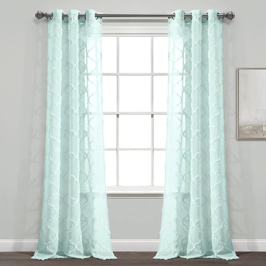 Lush Decor Avon Trellis Grommet Sheer Window Curtain Panels Pair 38" W x 84" L Blue - Sheer Curtains for Living Room - Modern Farmhouse Bedroom Curtains