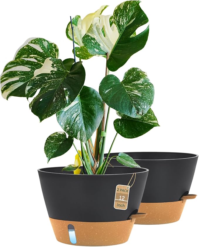 12 Inch Self Watering Pot with Visual Water Window, Drainage Holes & Watering Lip, Set of 2 Large Plastic Planters for Indoor Outdoor Plants, Modern Decorative Flower Pot (Grey)