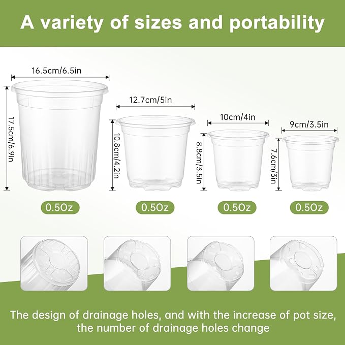 36 Packs 6.5/5/4/3.5 Inch Reinforced Clear Nursery Pots with Drainage Hole, Variety Pack High Transparency Plastic Seedling Plant Pot with 20 Labels