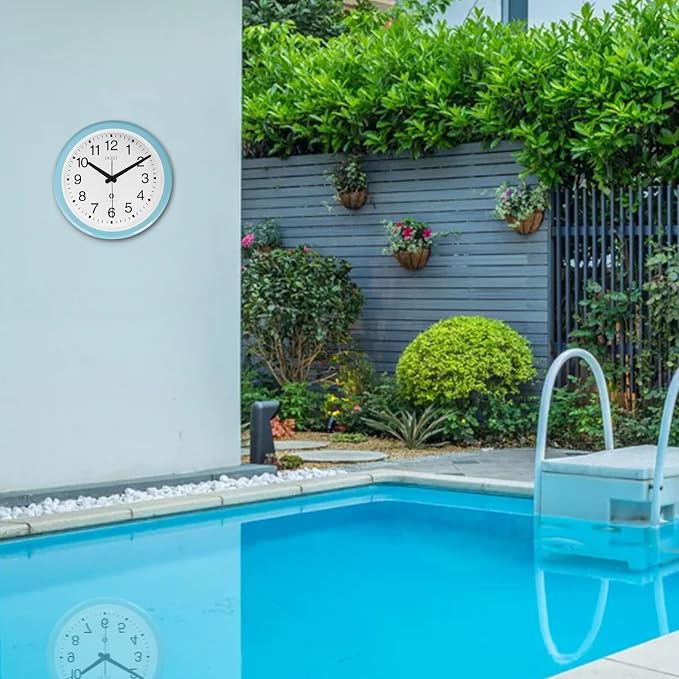 OCEST 12 Inch Sealed Indoor Outdoor Clock Waterproof, Silent Battery Operated Wall Clocks Decor for Patio Pool Porch Garden (Blue)