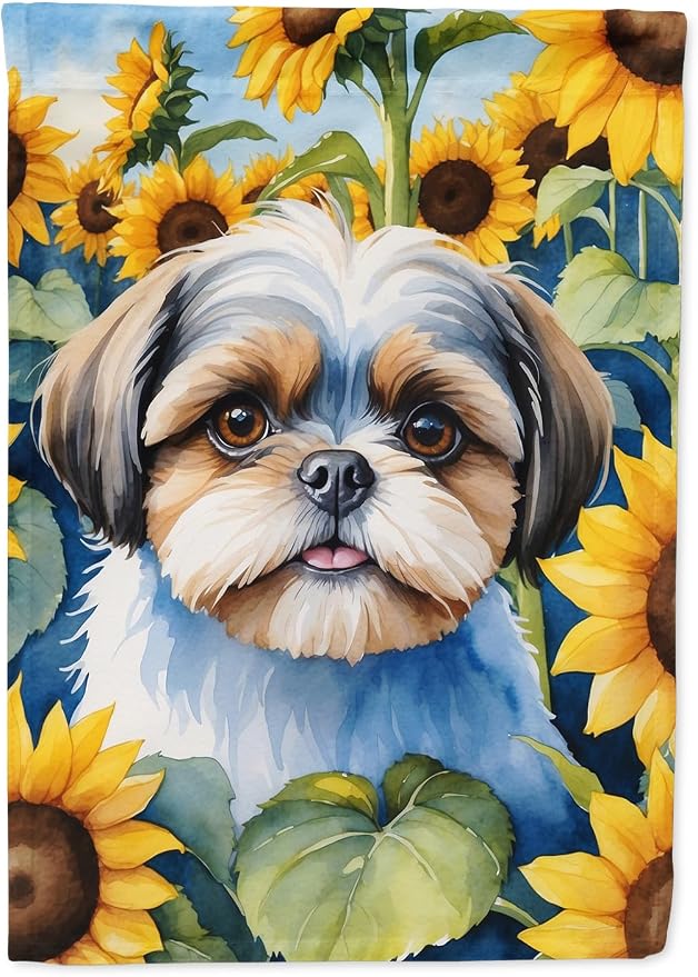 Caroline's Treasures DAC6162CHF Shih Tzu in Sunflowers House Flag Large Porch Sleeve Pole Decorative Outside Yard Banner Artwork Wall Hanging, Polyester, House Size, Multicolor