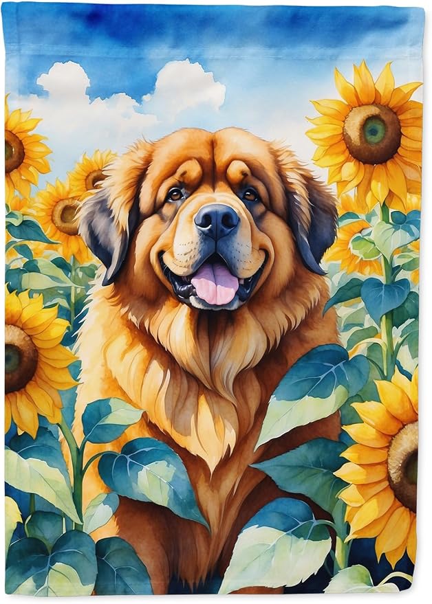 Caroline's Treasures DAC6166CHF Tibetan Mastiff in Sunflowers House Flag Large Porch Sleeve Pole Decorative Outside Yard Banner Artwork Wall Hanging, Polyester, House Size, Multicolor