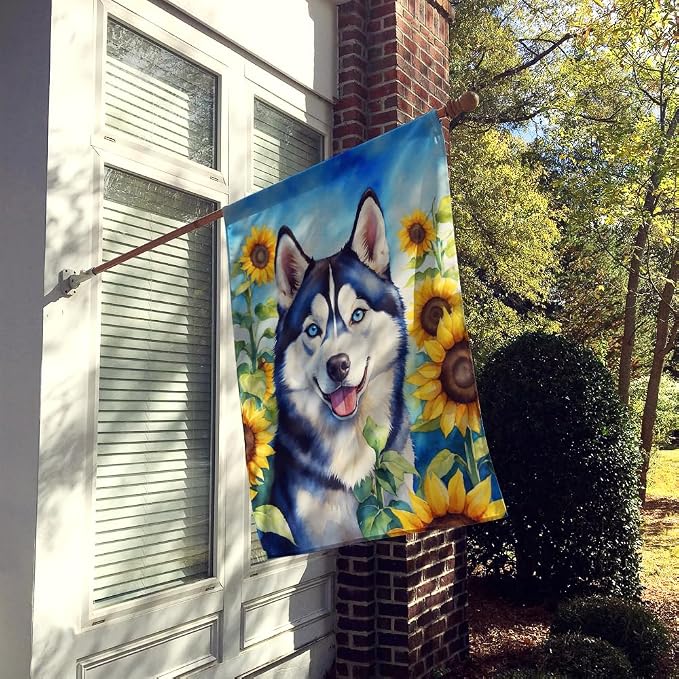 Caroline's Treasures DAC6164CHF Siberian Husky in Sunflowers House Flag Large Porch Sleeve Pole Decorative Outside Yard Banner Artwork Wall Hanging, Polyester, House Size, Multicolor